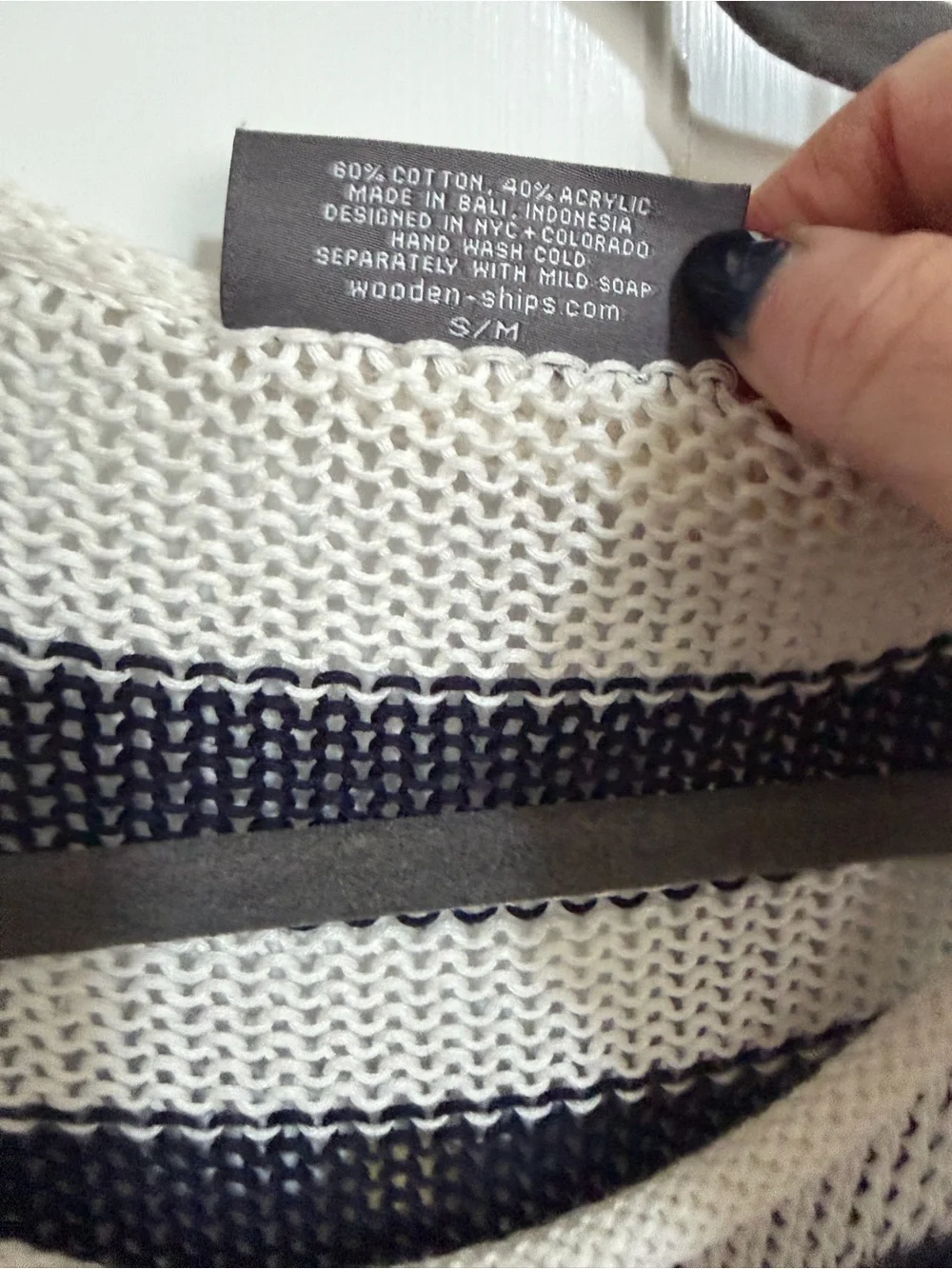 Boutique Wooden Ships Navy and White Striped Open Knit Sweater Oversized S/M - Picture 4 of 5